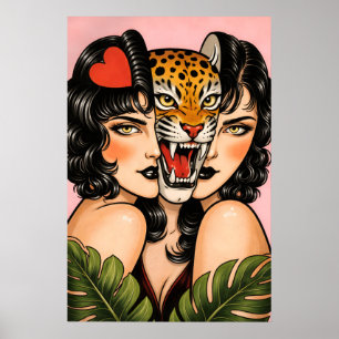 Tiger Woman-affisch, Retro-tatuering stil väggkons Poster