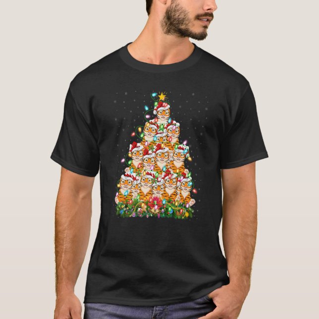 Tiger  Xmas Lights Santa Tiger Christmas Tree T Shirt (Framsida)