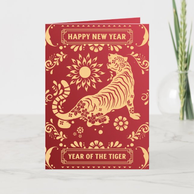 Tiger Zodiac &Sol Red China New Year Tet Helgdag Kort (Framsida)