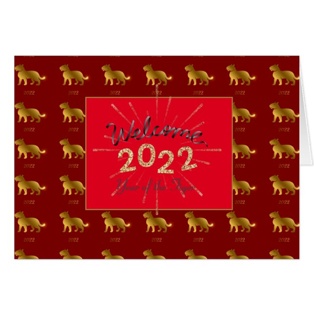 Tiger Zodiac Welcome 2022 Anpassningsbar Guld Glit Hälsningskort (Framsidan Horizontal)