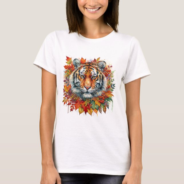 Tigeransikte bland höstlöv t shirt (Framsida)