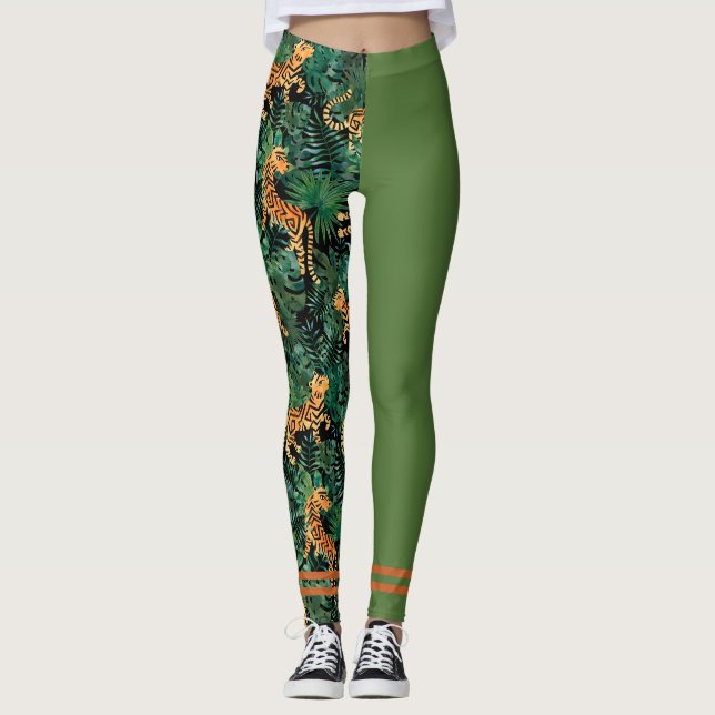 Tigerdjungeltryck Färgblock Leggings Olivgrön (Framsida)