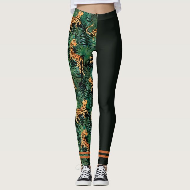 Tigerdjungeltryck Färgblock Leggings Svart (Framsida)