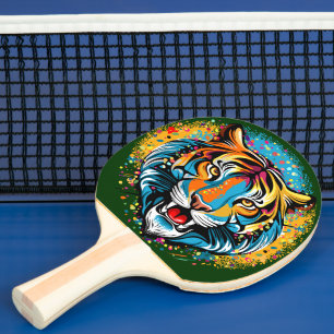 Tigerg huvud regnbågsfärger färgar fläckar pingisracket