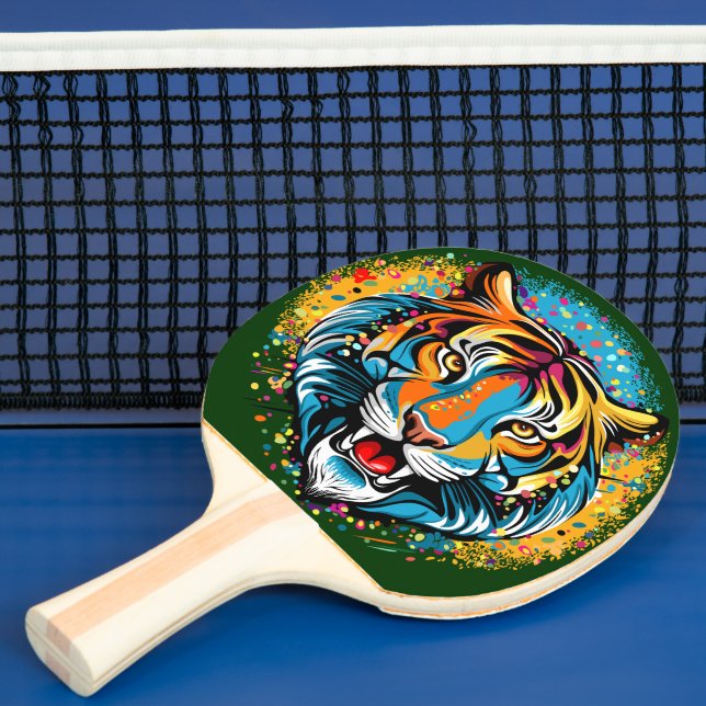 Tigerg huvud regnbågsfärger färgar fläckar pingisracket (Insitu)