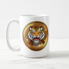 Tigergallemärke på en gyllene cirkulär bakgrund kaffemugg
