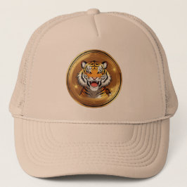 Tigergalvan på en gyllene cirkulär bakgrund keps