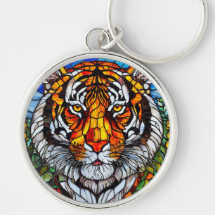 Tigerglasmosaik Rund Silverfärgad Nyckelring
