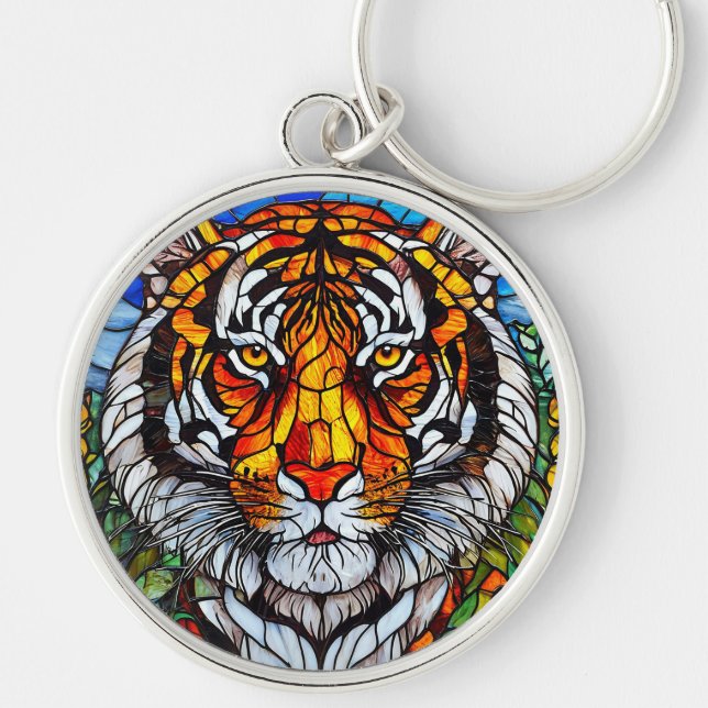 Tigerglasmosaik Rund Silverfärgad Nyckelring (Framsidan)