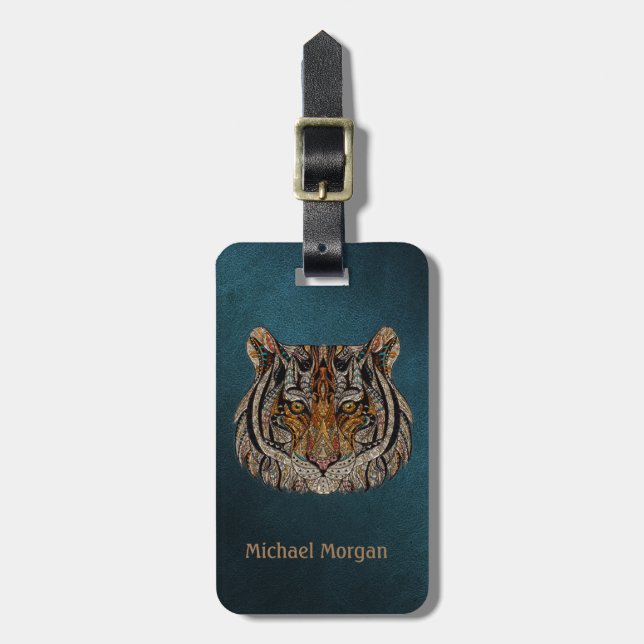 Tigerhuvud Grön Läderlook Bagagebricka (Vertikal Framsida)