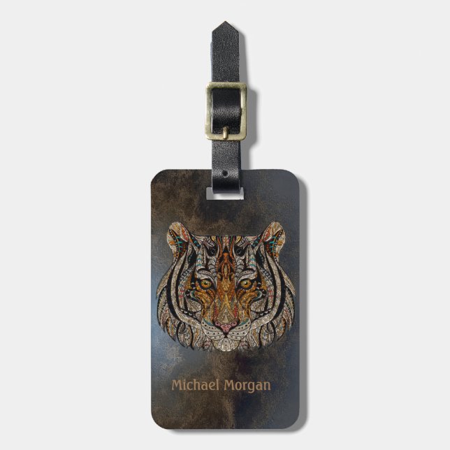 Tigerhuvud i läderlook - Personlig Bagagebricka (Vertikal Framsida)