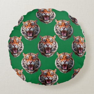 Tigerhuvud Mönsterdesign Grön Rund Kudde
