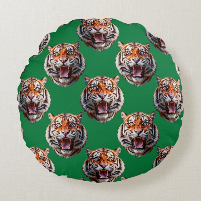 Tigerhuvud Mönsterdesign Grön  Rund Kudde (Framsidan)