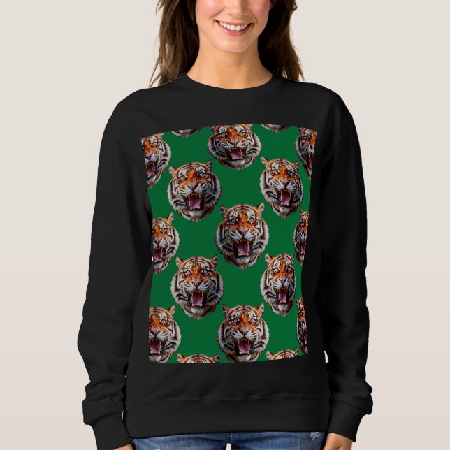 Tigerhuvud Mönsterdesign Grön  T Shirt (Framsida)