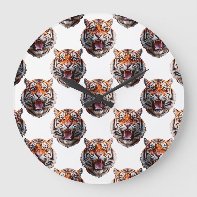 Tigerhuvud Mönsterdesign - Vit   Stor Klocka (Framsida)