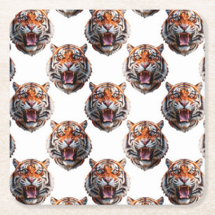 Tigerhuvud Mönsterdesign - Vit Underlägg Papper Kvadrat