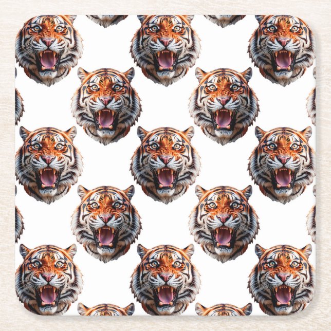 Tigerhuvud Mönsterdesign - Vit   Underlägg Papper Kvadrat (Framsidan)