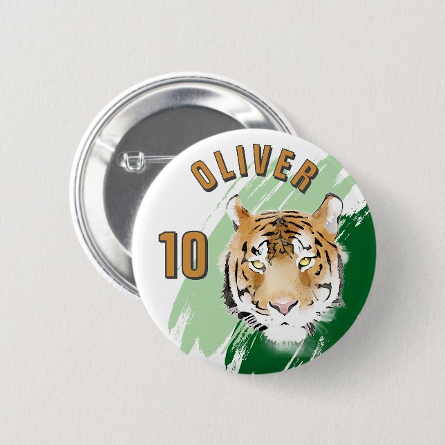 Tigerhuvud Vattenfärg Namn Födelsedagsfest Knapp (Framsida & baksida)