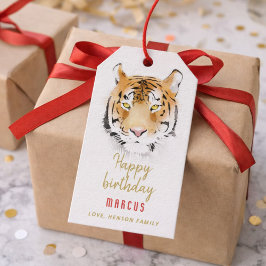 Tigerhuvud Vattenfärg Teckning Glad Födelsedag Presentetikett
