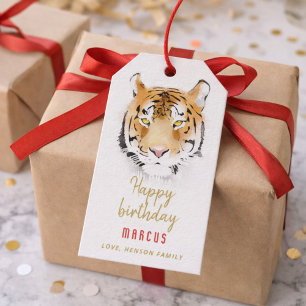 Tigerhuvud Vattenfärg Teckning Glad Födelsedag  Presentetikett