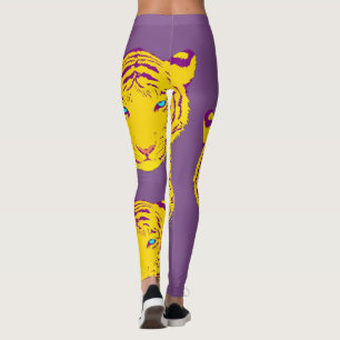 Tigerhuvudtryck på gul purpurfärgad damasker leggings