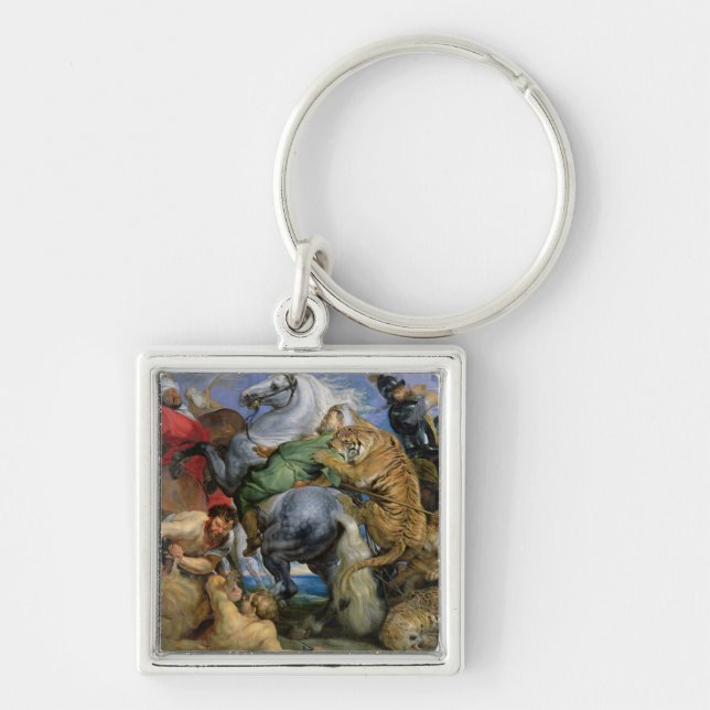 Tigerjakten, c.1616 fyrkantig silverfärgad nyckelring (Framsidan)