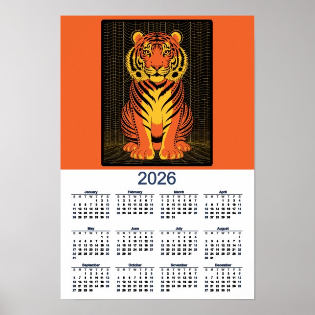 Tigerkalender Dramatisk Orange  Svart Tiger 2026 Poster (Framsidan)