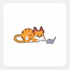 Tigerkatt med mus fyrkantigt klistermärke