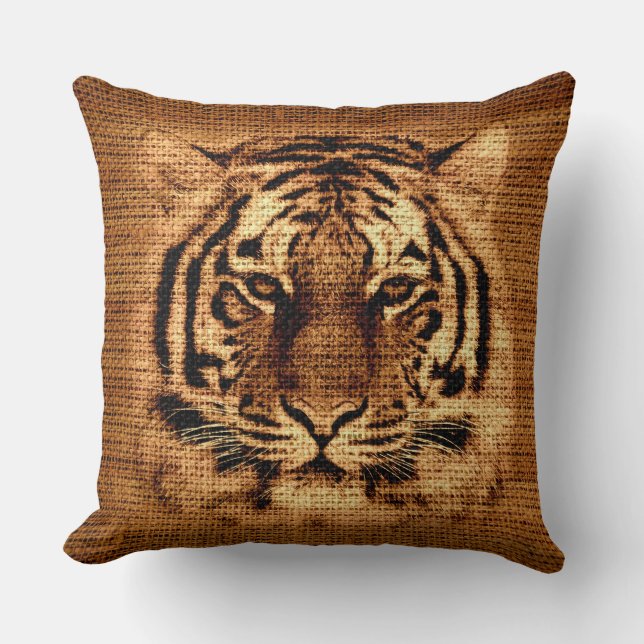 Tigerkonst på Burlap Rustik Jute Kudde (Framsida)