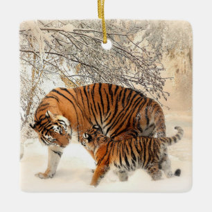 Tigern mamma och baby porslain, ornament