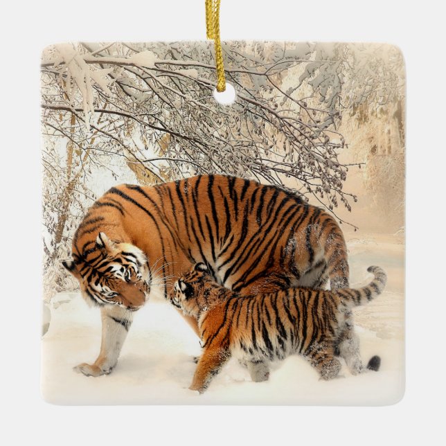 Tigern mamma och baby porslain, ornament (Framsida)