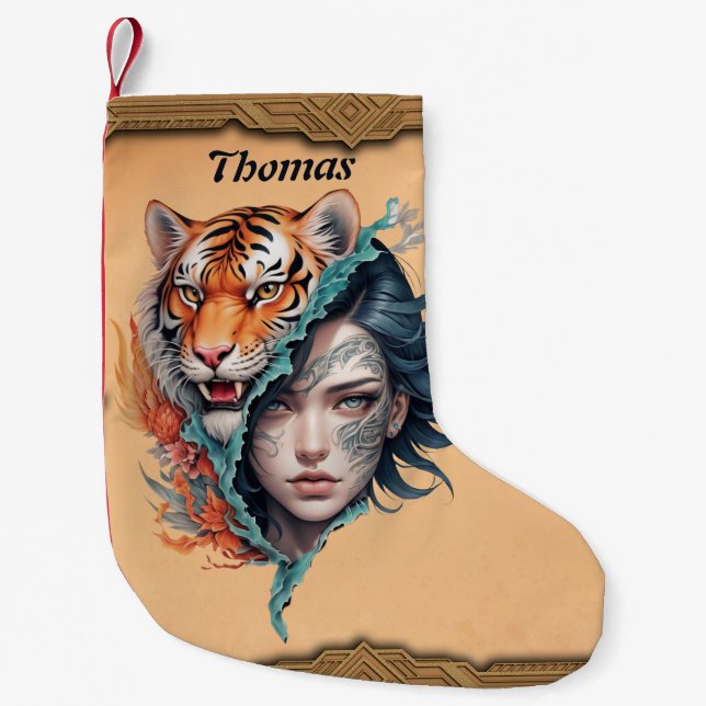 Tigern och kvinnan, styrka och nåd. liten julstrumpa (Framsidan)