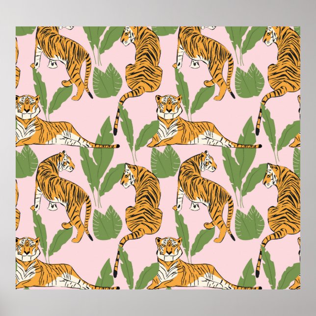 Tigern Sömlös Mönster: Exotisk Vintage Stil Poster (Framsidan)