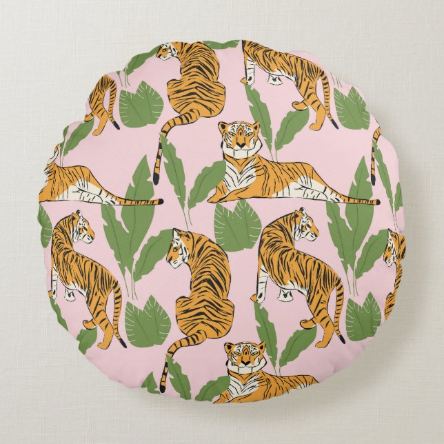 Tigern Sömlös Mönster: Exotisk Vintage Stil Rund Kudde (Framsidan)