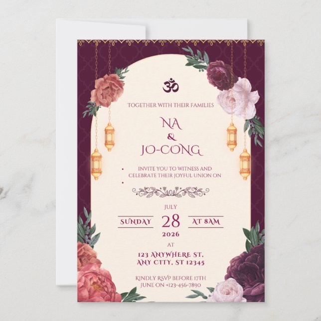 TigerNa Crimson Floral Wedding Invitation Inbjudningar (Framsida)