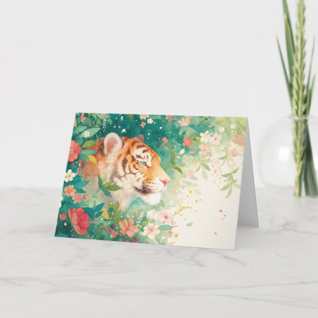 Tigerns lugna tillflykt bland blomsterprakt kort (Framsida)