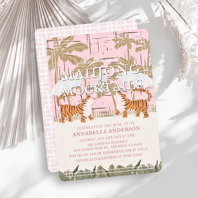 Tigerns rosa chinoiserie Mahjong-flicka Bebisdusch Inbjudningar (Skapare uppladdad)