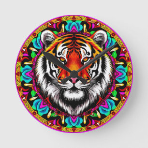 Tigerporträtt med Mandala-design Rund Klocka