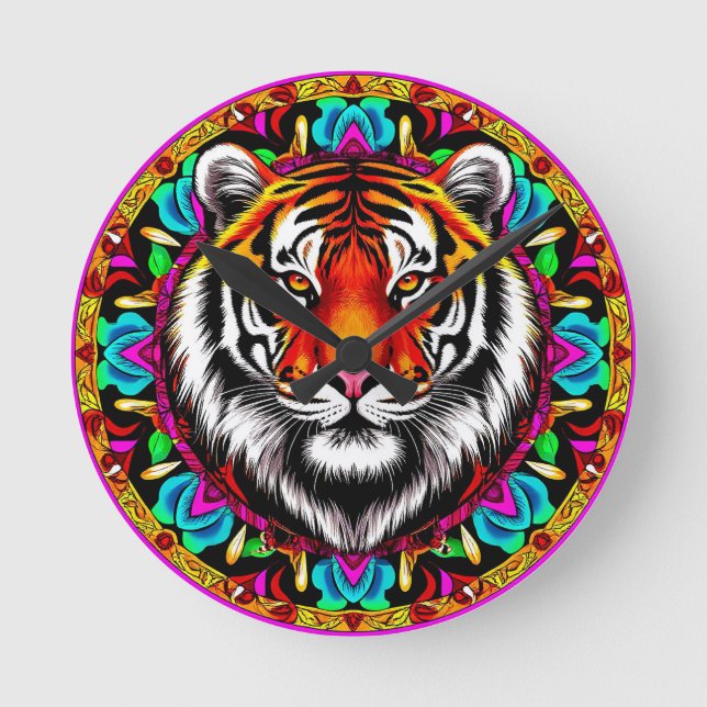 Tigerporträtt med Mandala-design Rund Klocka (Framsida)
