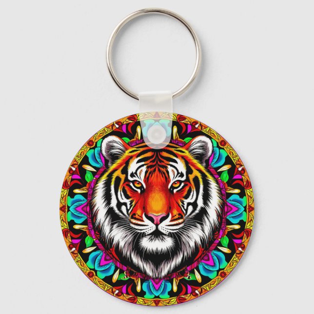 Tigerporträtt med mandaladesign nyckelring (Framsida)
