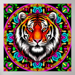 Tigerporträtt med mandaladesign poster