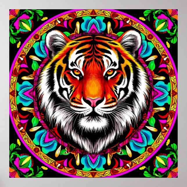 Tigerporträtt med mandaladesign poster (Framsidan)
