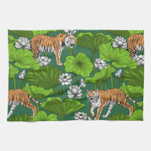 Tigers i den vita lotus dammen kökshandduk