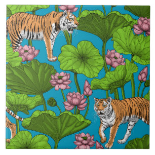 Tigers i rosa lotus Pond Kakelplatta