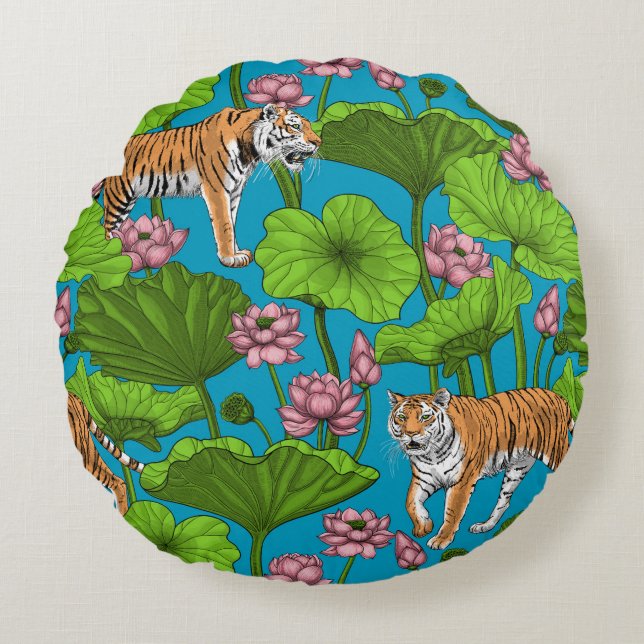Tigers i rosa lotus Pond Rund Kudde (Framsidan)