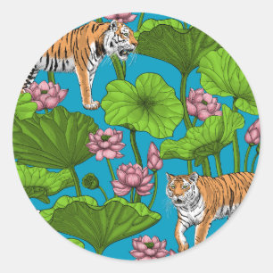 Tigers i rosa lotus Pond Runt Klistermärke