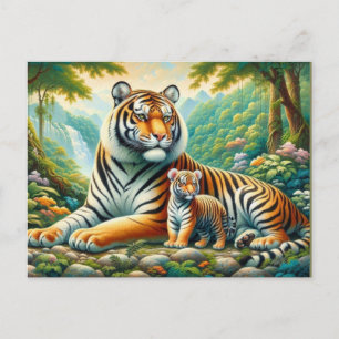 Tigers in a Lush Jungle Paradise Painting Vykort