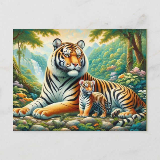Tigers in a Lush Jungle Paradise Painting Vykort (Framsida)