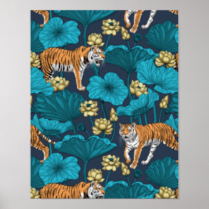 Tigers in gult lotus pond poster