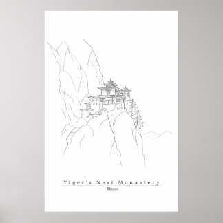Tiger's Nest Bhutan Minimalistisk Linje Konst Paro Poster
